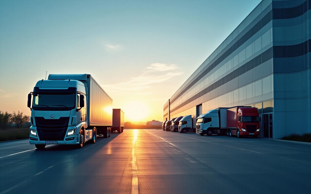 Modern logistics transport fleet and high-capacity freight warehouse operations
